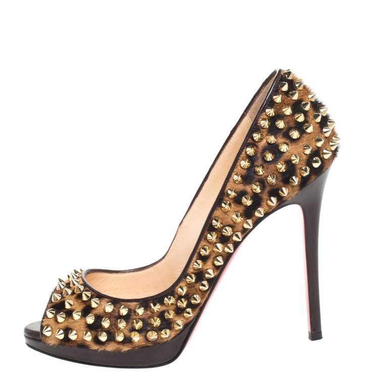 Pre Owned Christian Louboutin Leopard Print Calfhair Yolanda Spikes Peep Toe Pumps Size 37