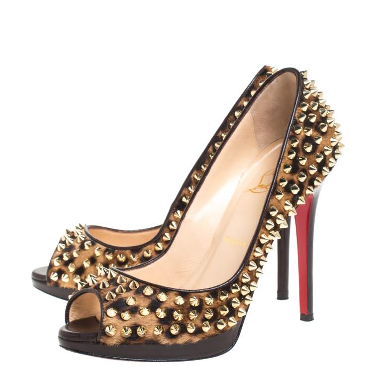 Pre Owned Christian Louboutin Leopard Print Calfhair Yolanda Spikes Peep Toe Pumps Size 37