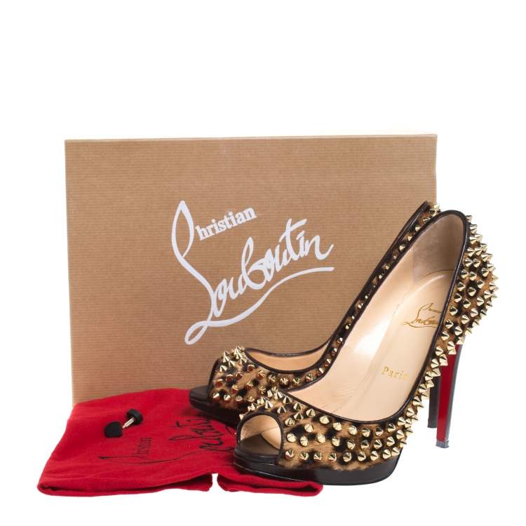 Pre Owned Christian Louboutin Leopard Print Calfhair Yolanda Spikes Peep Toe Pumps Size 37