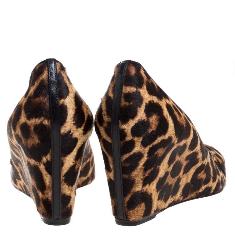 Pre Owned Christian Louboutin Brown/Black Leopard Print Calfhair Melissa Wedge Pumps Size 38