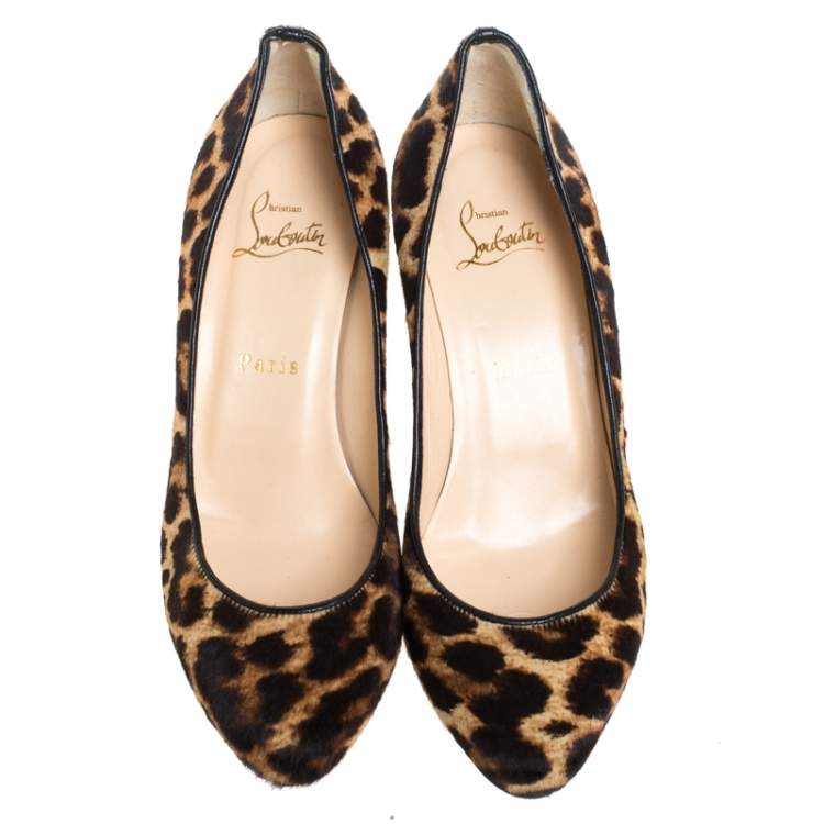Pre Owned Christian Louboutin Brown/Black Leopard Print Calfhair Melissa Wedge Pumps Size 38