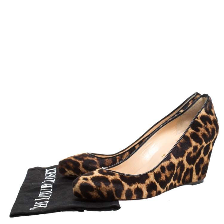 Pre Owned Christian Louboutin Brown/Black Leopard Print Calfhair Melissa Wedge Pumps Size 38