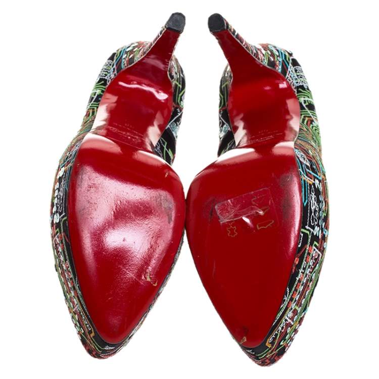 Pre Owned Christian Louboutin Multicolor Embroidered Satin and Sequins Daffodile Platform Pumps Size 38