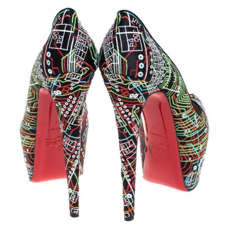 Pre Owned Christian Louboutin Multicolor Embroidered Satin and Sequins Daffodile Platform Pumps Size 38