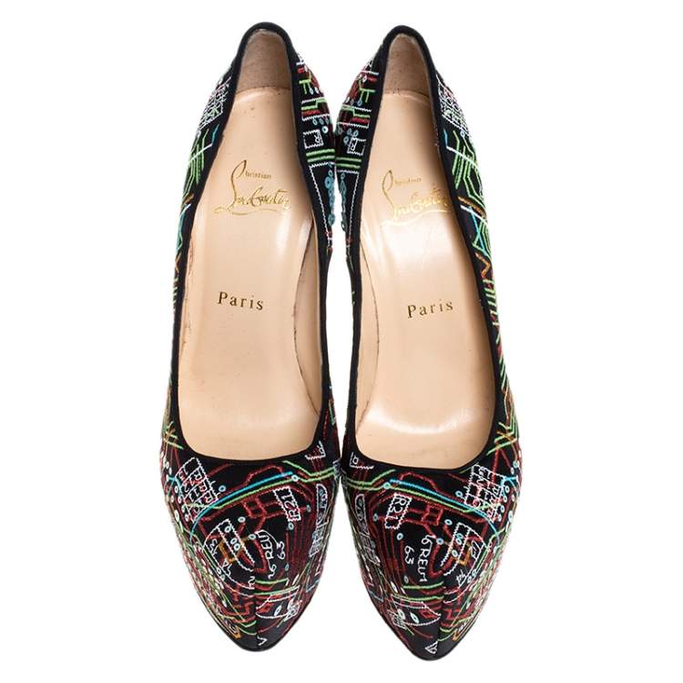 Pre Owned Christian Louboutin Multicolor Embroidered Satin and Sequins Daffodile Platform Pumps Size 38