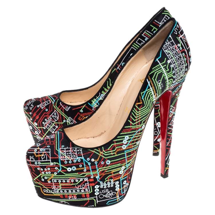 Pre Owned Christian Louboutin Multicolor Embroidered Satin and Sequins Daffodile Platform Pumps Size 38