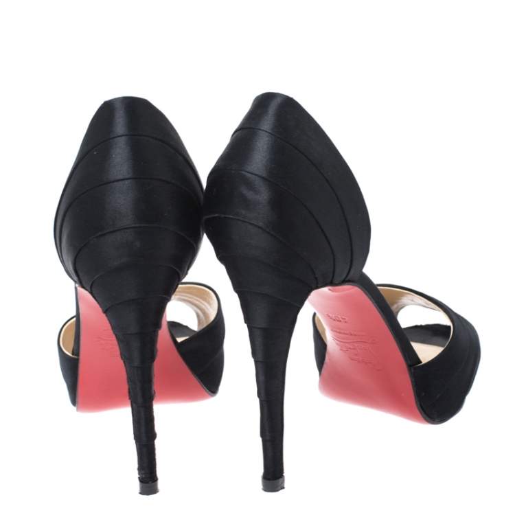Pre Owned Christian Louboutin Black Satin Ruffle Detail Peep Toe D'orsay Pumps Size 40.5