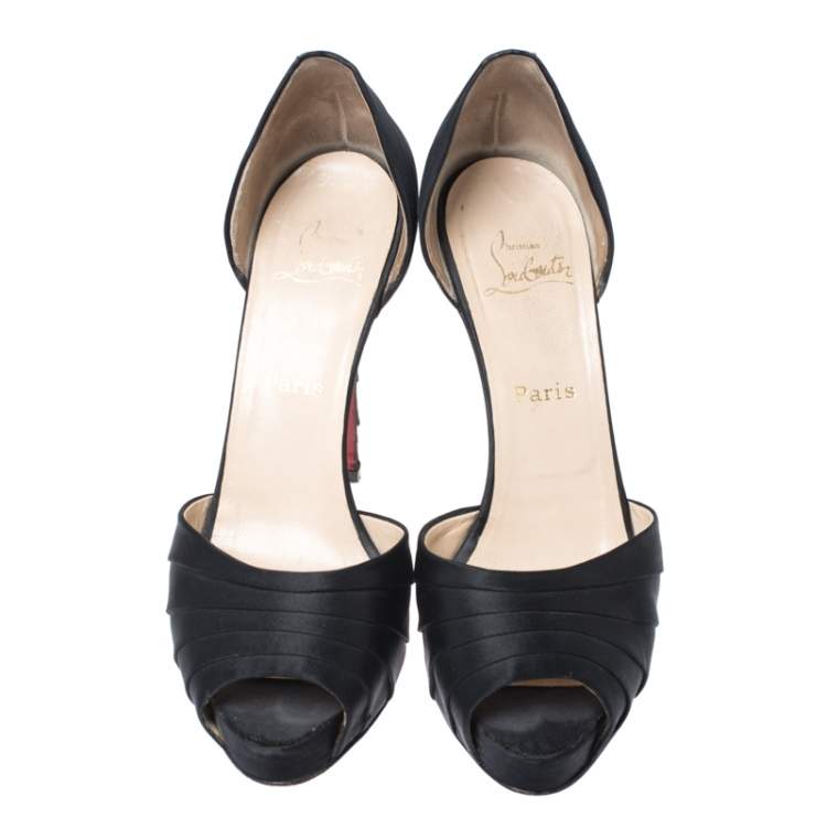 Pre Owned Christian Louboutin Black Satin Ruffle Detail Peep Toe D'orsay Pumps Size 40.5