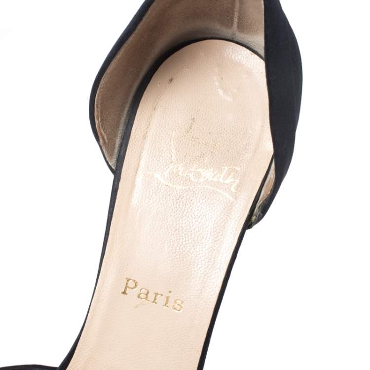 Pre Owned Christian Louboutin Black Satin Ruffle Detail Peep Toe D'orsay Pumps Size 40.5