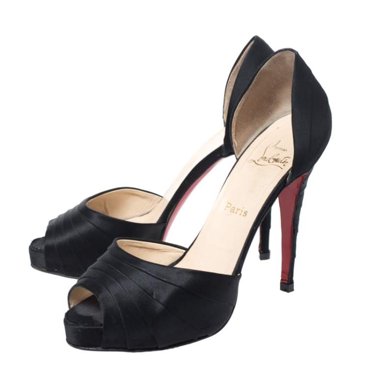 Pre Owned Christian Louboutin Black Satin Ruffle Detail Peep Toe D'orsay Pumps Size 40.5