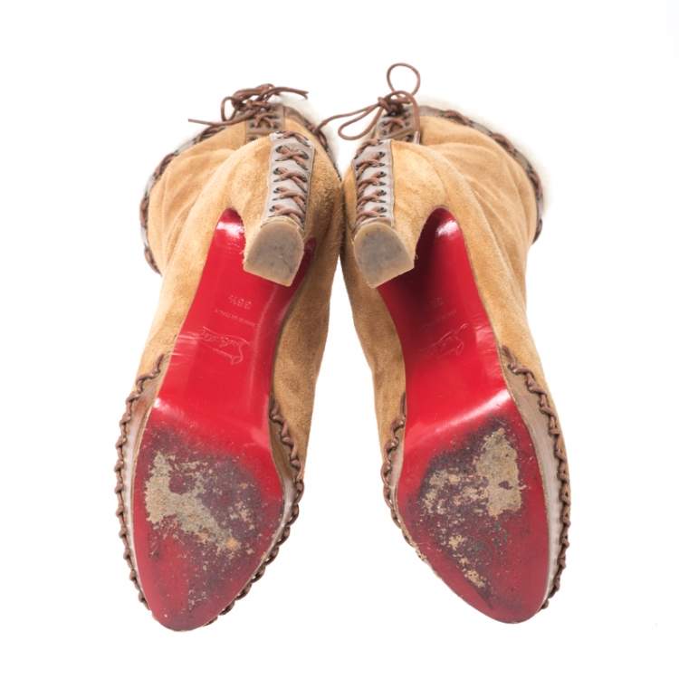 Pre Owned Christian Louboutin Beige Suede, Leather And Fur Trim Step N Roll Platform Boots Size 36.5