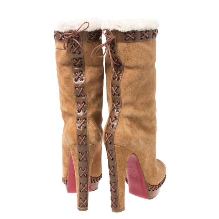 Pre Owned Christian Louboutin Beige Suede, Leather And Fur Trim Step N Roll Platform Boots Size 36.5