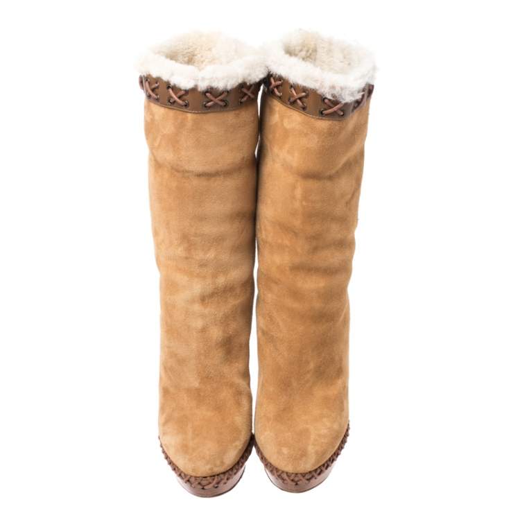 Pre Owned Christian Louboutin Beige Suede, Leather And Fur Trim Step N Roll Platform Boots Size 36.5