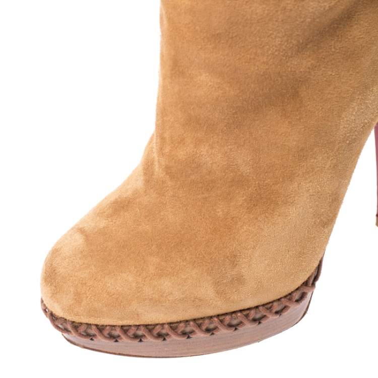 Pre Owned Christian Louboutin Beige Suede, Leather And Fur Trim Step N Roll Platform Boots Size 36.5