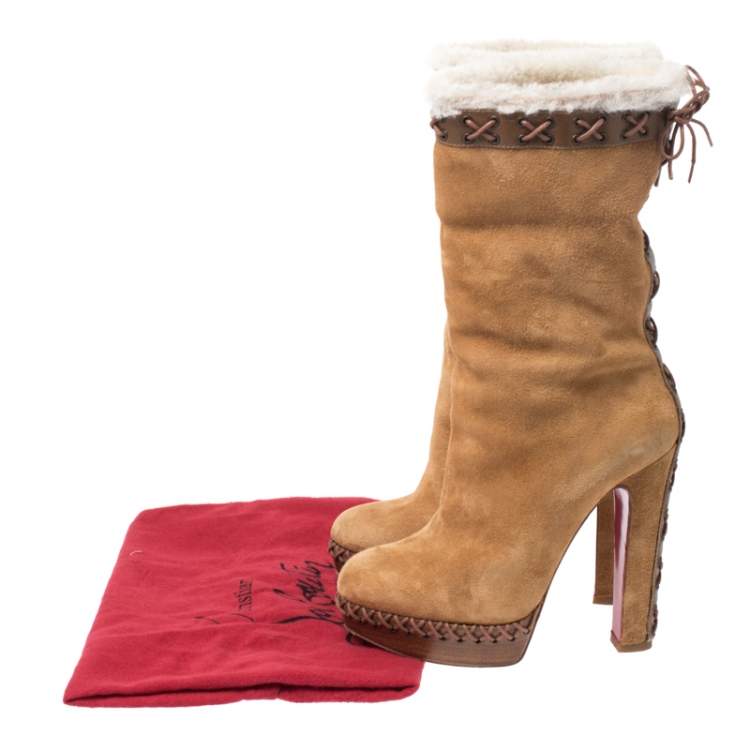 Pre Owned Christian Louboutin Beige Suede, Leather And Fur Trim Step N Roll Platform Boots Size 36.5