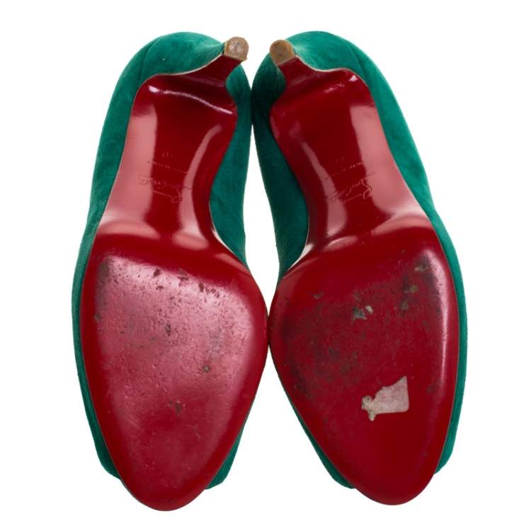 Pre Owned Christian Louboutin Green Suede Leather Hyper Prive Peep Toe Platform Pumps Size 40