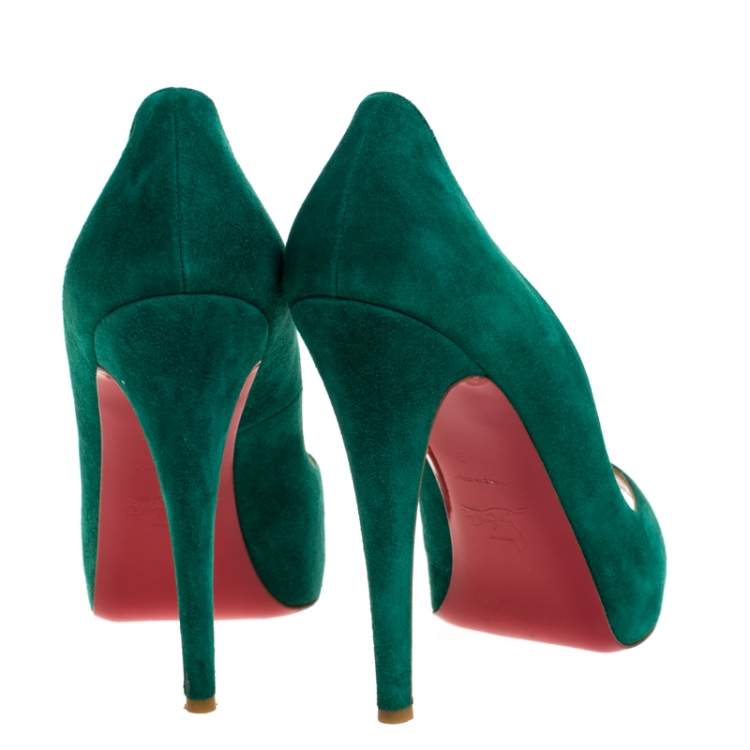 Pre Owned Christian Louboutin Green Suede Leather Hyper Prive Peep Toe Platform Pumps Size 40