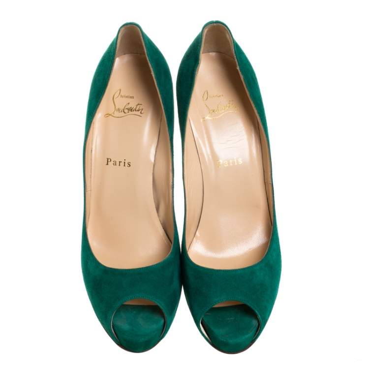 Pre Owned Christian Louboutin Green Suede Leather Hyper Prive Peep Toe Platform Pumps Size 40