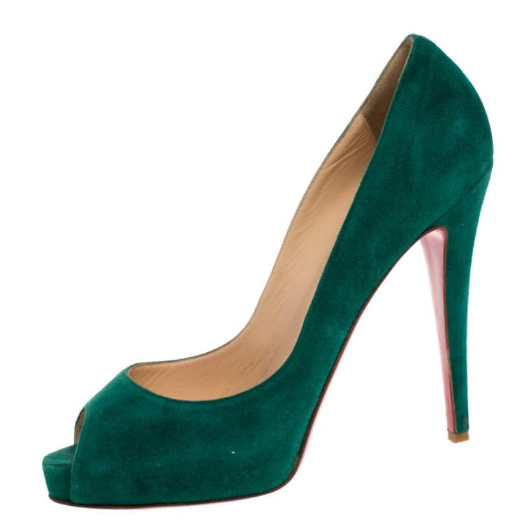 Pre Owned Christian Louboutin Green Suede Leather Hyper Prive Peep Toe Platform Pumps Size 40