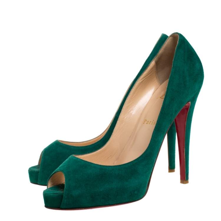 Pre Owned Christian Louboutin Green Suede Leather Hyper Prive Peep Toe Platform Pumps Size 40