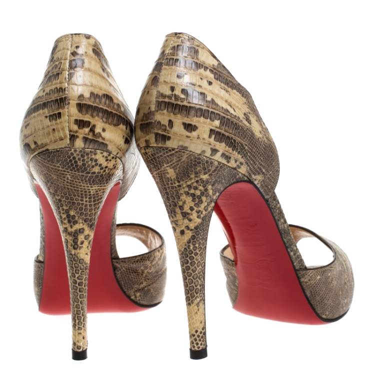 Pre Owned Christian Louboutin Beige/Brown Lizard Leather Madame Claude Peep Toe Pumps Size 39.5