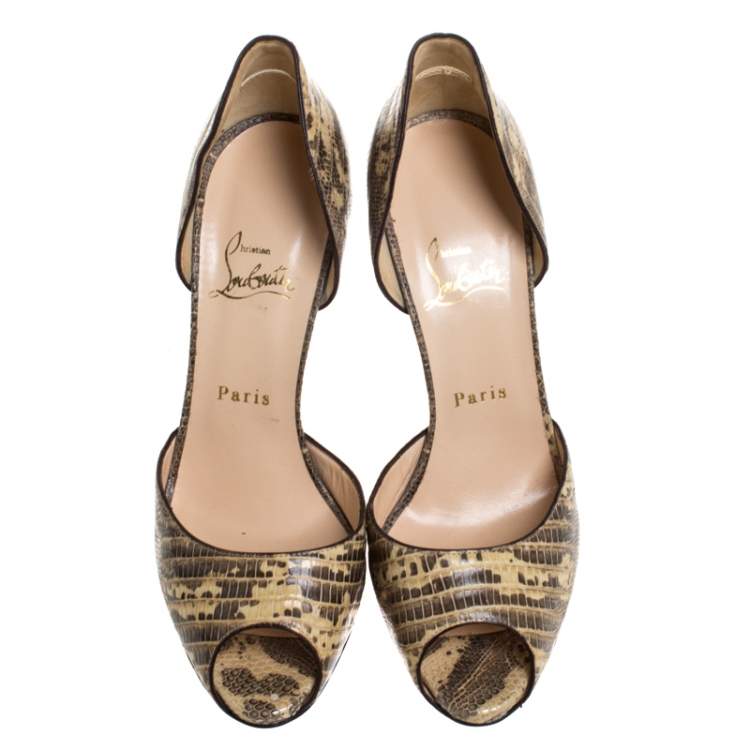 Pre Owned Christian Louboutin Beige/Brown Lizard Leather Madame Claude Peep Toe Pumps Size 39.5