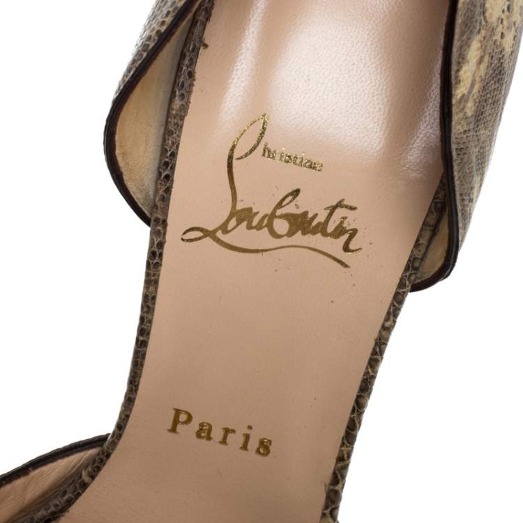 Pre Owned Christian Louboutin Beige/Brown Lizard Leather Madame Claude Peep Toe Pumps Size 39.5