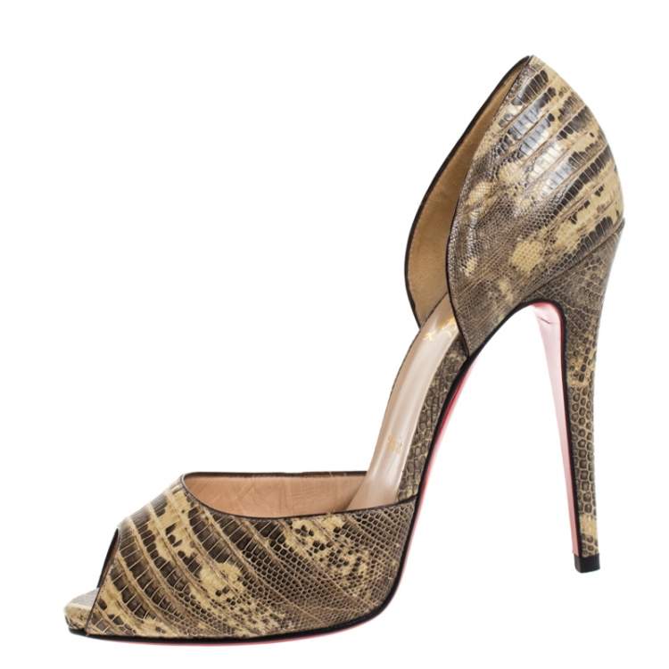 Pre Owned Christian Louboutin Beige/Brown Lizard Leather Madame Claude Peep Toe Pumps Size 39.5