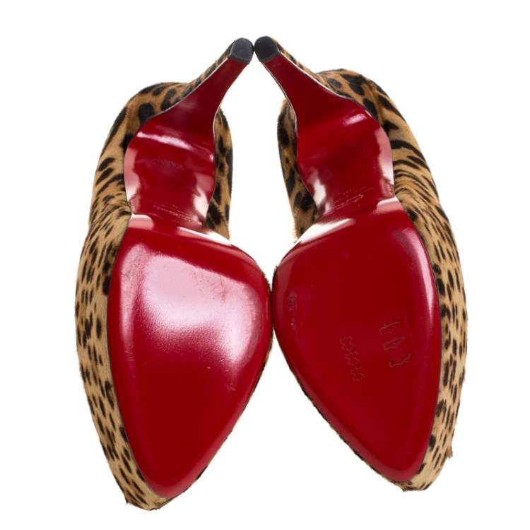 Pre Owned Christian Louboutin Beige/Black Leopard Print Calfhair Daffodile Platform Pumps Size 39