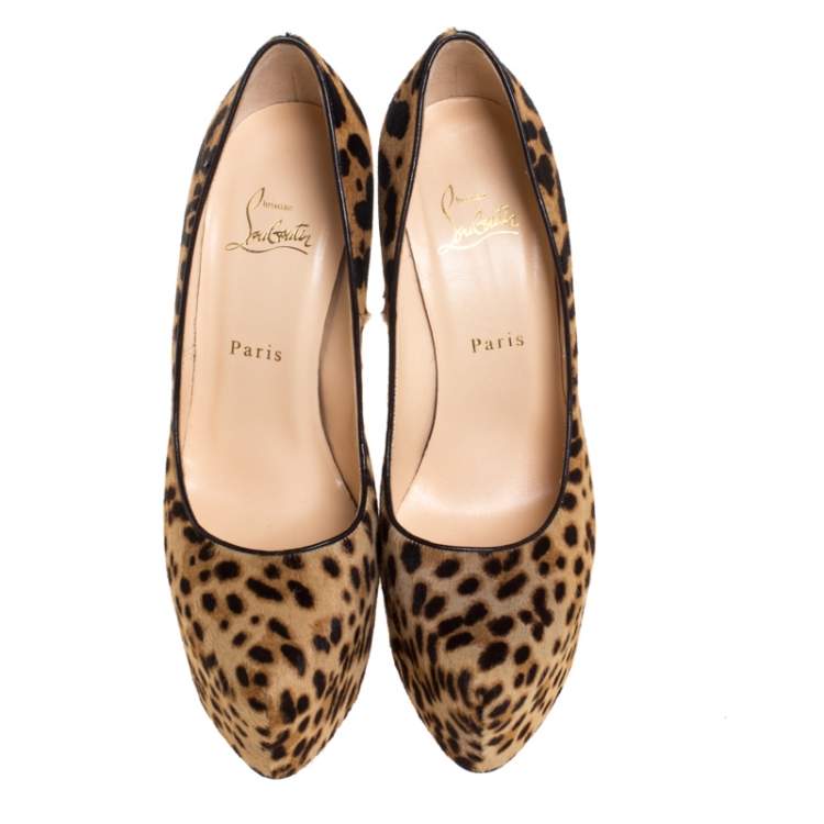 Pre Owned Christian Louboutin Beige/Black Leopard Print Calfhair Daffodile Platform Pumps Size 39