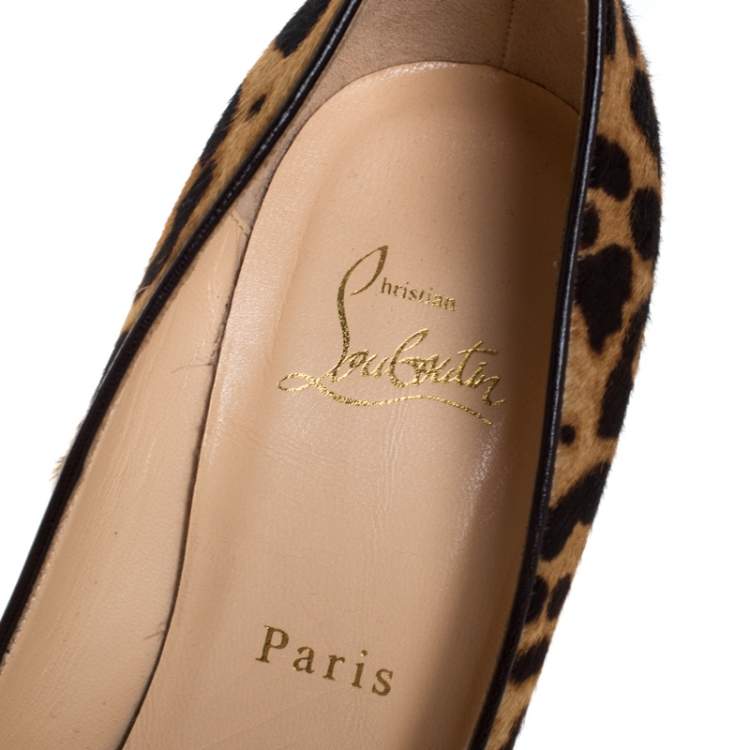 Pre Owned Christian Louboutin Beige/Black Leopard Print Calfhair Daffodile Platform Pumps Size 39