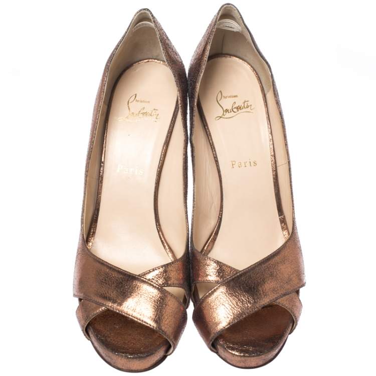 Pre Owned Christian Louboutin Metallic Bronze Leather Peep Toe Platform Pumps Size 41
