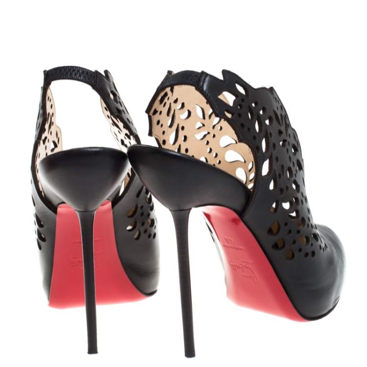 Pre Owned Christian Louboutin Black Lasercut Leather Markesling Slinback Sandals Size 40