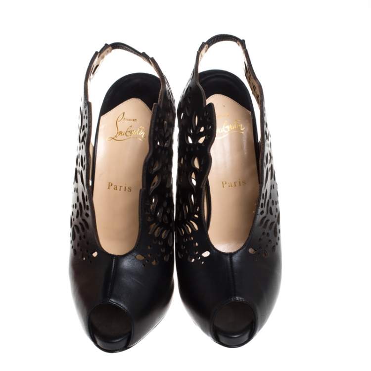 Pre Owned Christian Louboutin Black Lasercut Leather Markesling Slinback Sandals Size 40