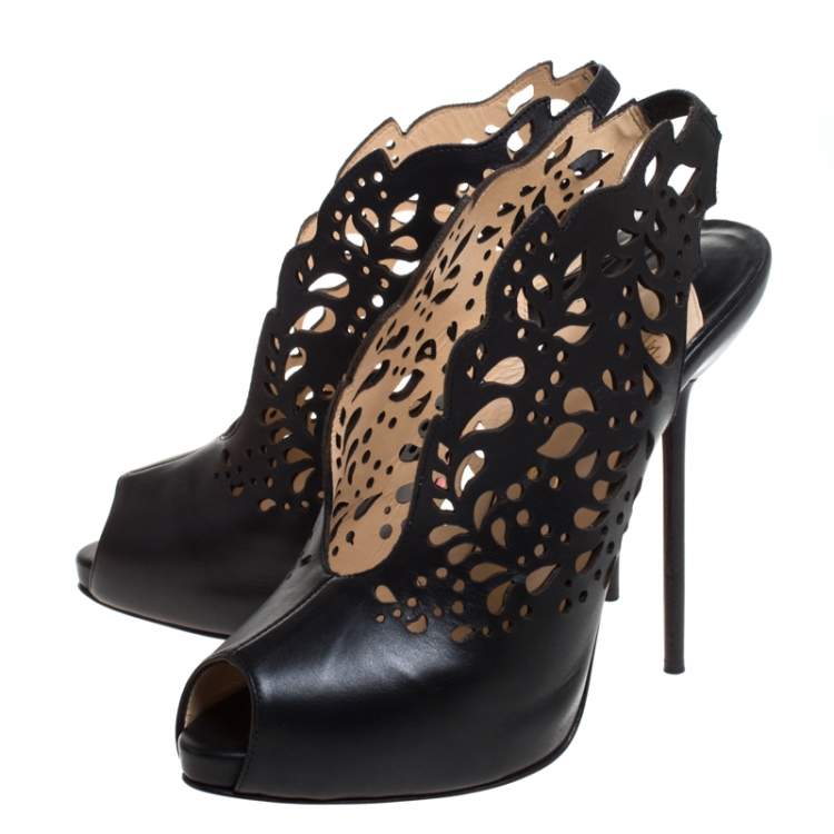 Pre Owned Christian Louboutin Black Lasercut Leather Markesling Slinback Sandals Size 40