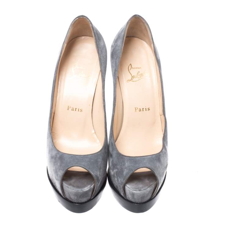 Pre Owned Christian Louboutin Grey Suede Palais Royal Peep Toe Pumps Size 37.5