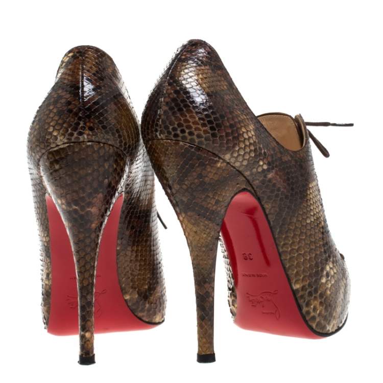 Pre Owned Christian Louboutin Brown/Black Python Lace Trous Booties Size 38