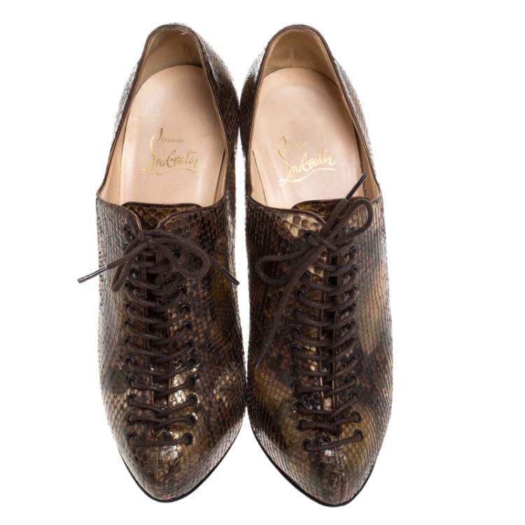 Pre Owned Christian Louboutin Brown/Black Python Lace Trous Booties Size 38