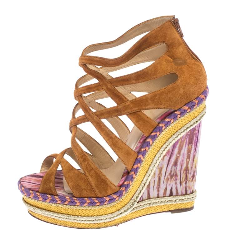 Pre Owned Christian Louboutin Brown Suede Caged Espadrille Tosca Wedge Sandals Size 39
