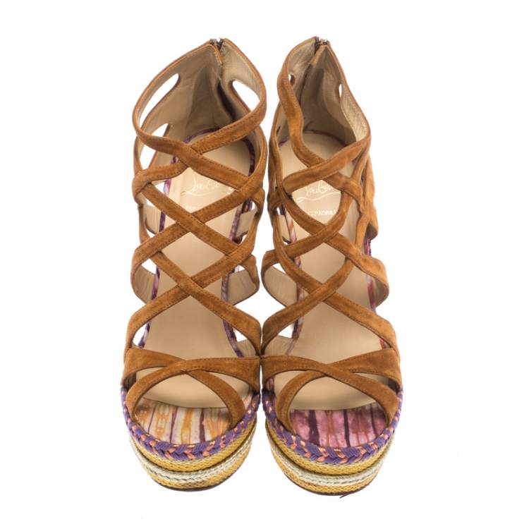 Pre Owned Christian Louboutin Brown Suede Caged Espadrille Tosca Wedge Sandals Size 39