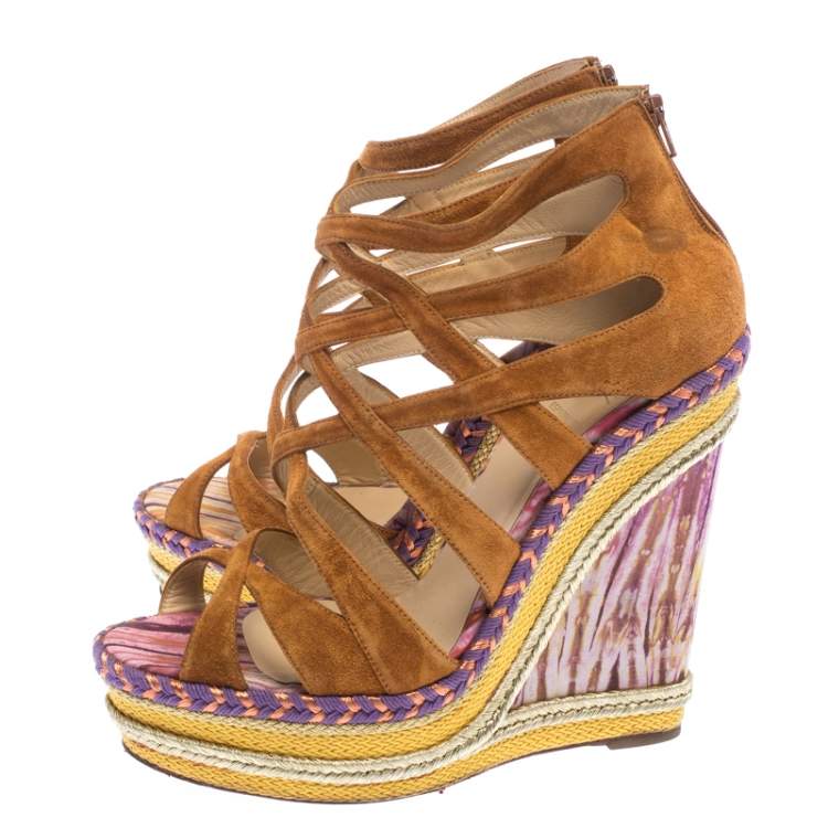 Pre Owned Christian Louboutin Brown Suede Caged Espadrille Tosca Wedge Sandals Size 39