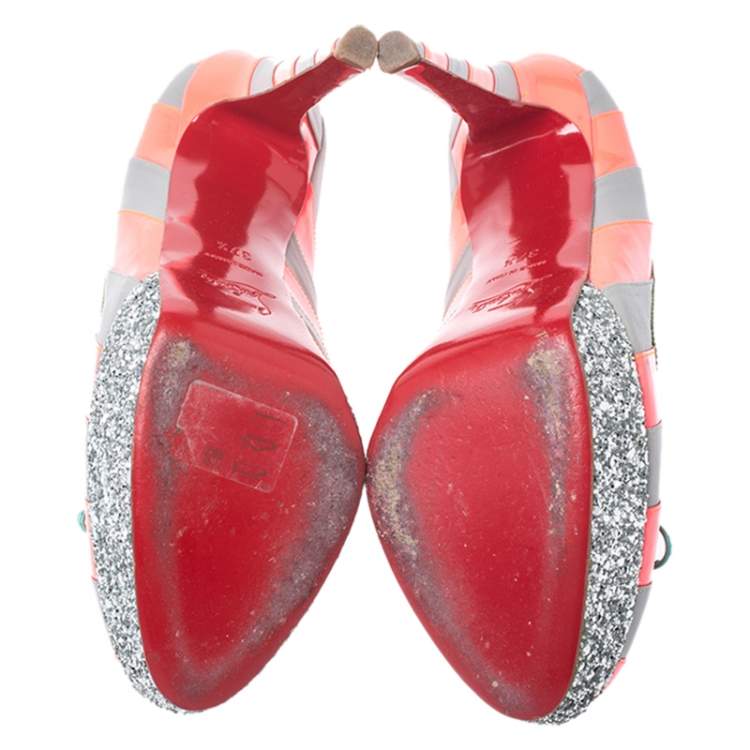 Pre Owned Christian Louboutin Fluorescent Pink/Grey Striped Leather Foraine Glitter Platform Pumps Size 37.5