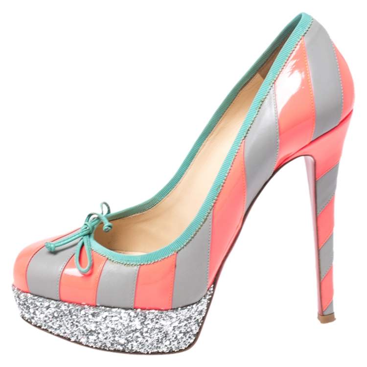 Pre Owned Christian Louboutin Fluorescent Pink/Grey Striped Leather Foraine Glitter Platform Pumps Size 37.5