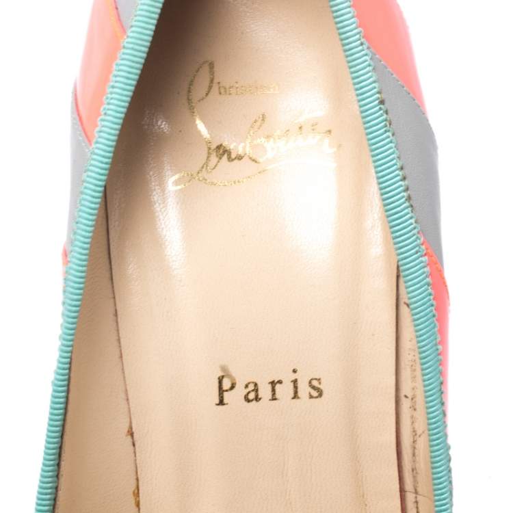 Pre Owned Christian Louboutin Fluorescent Pink/Grey Striped Leather Foraine Glitter Platform Pumps Size 37.5