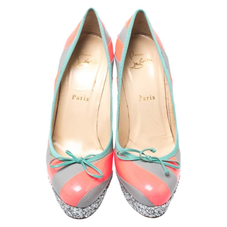 Pre Owned Christian Louboutin Fluorescent Pink/Grey Striped Leather Foraine Glitter Platform Pumps Size 37.5