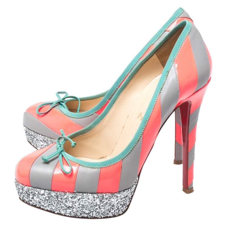 Pre Owned Christian Louboutin Fluorescent Pink/Grey Striped Leather Foraine Glitter Platform Pumps Size 37.5