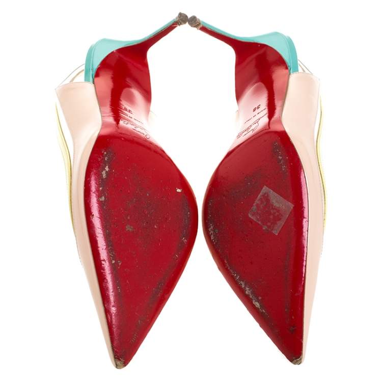 Pre Owned Christian Louboutin Tricolor PVC And Patent Leather Paulina Pointed Toe Slingback Sandals Size 38