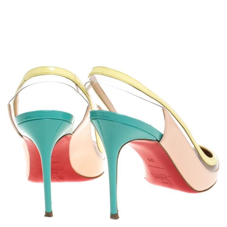 Pre Owned Christian Louboutin Tricolor PVC And Patent Leather Paulina Pointed Toe Slingback Sandals Size 38