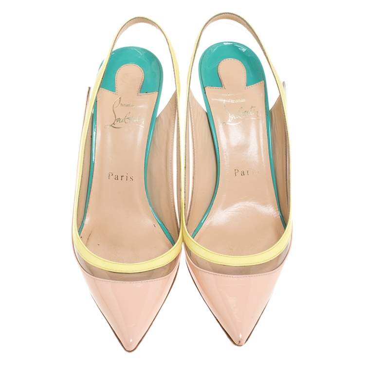 Pre Owned Christian Louboutin Tricolor PVC And Patent Leather Paulina Pointed Toe Slingback Sandals Size 38