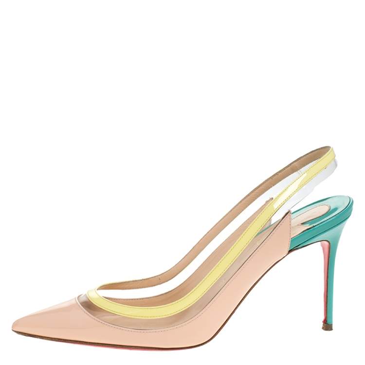 Pre Owned Christian Louboutin Tricolor PVC And Patent Leather Paulina Pointed Toe Slingback Sandals Size 38